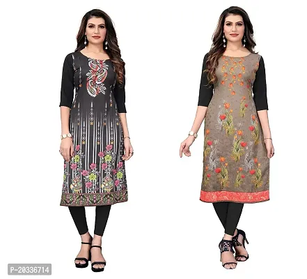 SANSKRUTI FASHION Women's Crepe Digital Print Straight Kurta(Pack of 2) (L, BlackSADDLEBROWN)-thumb0