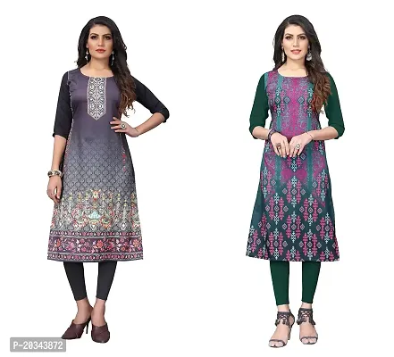 SANSKRUTI FASHION Women's Crepe Digital Print Straight Kurta(Pack of 2) (S, SILVERBLACKOliveGreen)