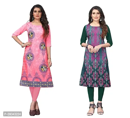 SANSKRUTI FASHION Women's Crepe Digital Print Straight Kurta(Pack of 2) (S, TOMATOPINKOliveGreen)