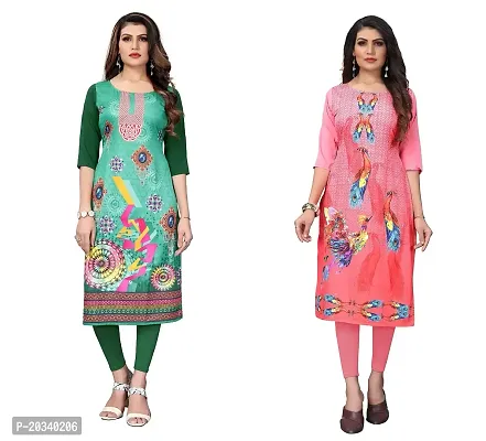 SANSKRUTI FASHION Women's Crepe Digital Print Straight Kurta(Pack 2) (S, DarkGreenRosepink)-thumb0