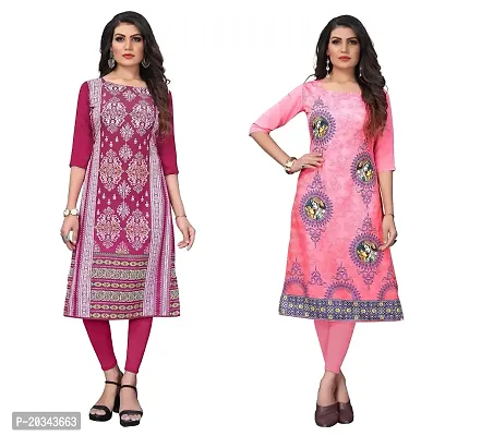 SANSKRUTI FASHION Women's Crepe Digital Print Straight Kurta(Pack of 2) (XL, DEEPPINKTOMATOPINK)-thumb0