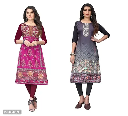 SANSKRUTI FASHION Women's Crepe Digital Print Straight Kurta(Pack of 2) (S, PURPELSILVERBLACK)