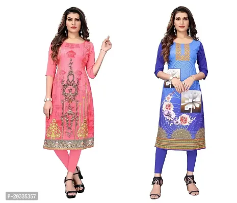 SANSKRUTI FASHION Women's Crepe Digital Print Straight Kurta(Pack of 2) (S, BlueCORALPINK)-thumb0