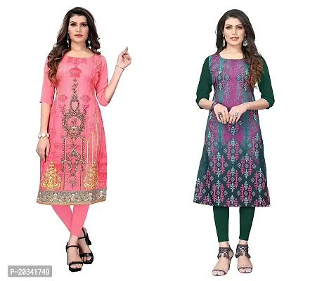 SANSKRUTI FASHION Women's Crepe Digital Print Straight Kurta(Pack of 2) (L, CORALPINKOliveGreen)