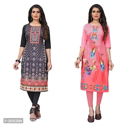 SANSKRUTI FASHION Women's Crepe Digital Print Straight Kurta(Pack of 2) (XXL, REDBLACKRosepink)