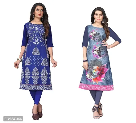 SANSKRUTI FASHION Women's Crepe Digital Print Straight Kurta(Pack of 2) (S, BLUEVIOLOTSLATEGREY)