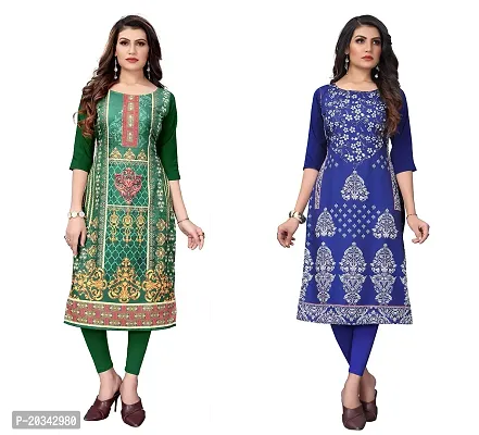 SANSKRUTI FASHION Women's Crepe Digital Print Straight Kurta(Pack of 2) (S, ForestGreenBLUEVIOLOT)