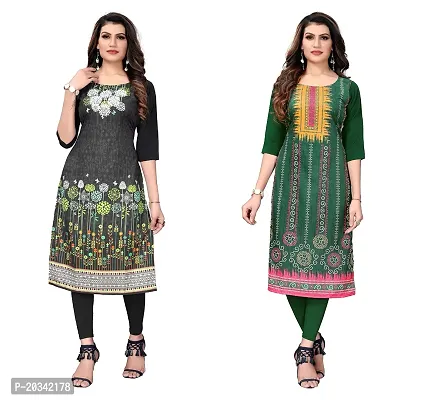 SANSKRUTI FASHION Women's Crepe Digital Print Straight Kurta(Pack of 2) (S, DARKBLACKLightGreen)