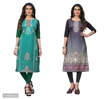 SANSKRUTI FASHION Women's Crepe Digital Print Straight Kurta(Pack of 2) (L, SeagreenSILVERBLACK)-thumb0