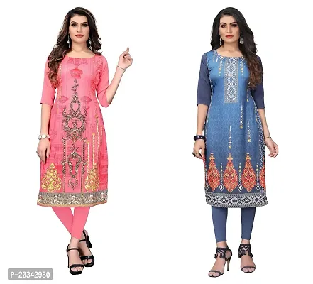 SANSKRUTI FASHION Women's Crepe Digital Print Straight Kurta(Pack of 2) (XL, CORALPINKBluegrey)-thumb0