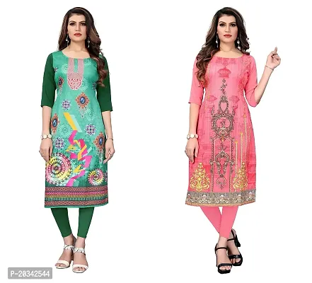 SANSKRUTI FASHION Women's Crepe Digital Print Straight Kurta(Pack 2) (S, DarkGreenCORALPINK)-thumb0