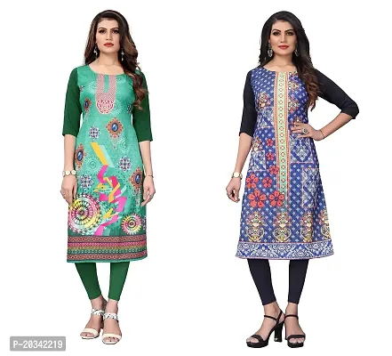 SANSKRUTI FASHION Women's Crepe Digital Print Straight Kurta(Pack 2) (XL, DarkGreenSTEEBLUE)-thumb0