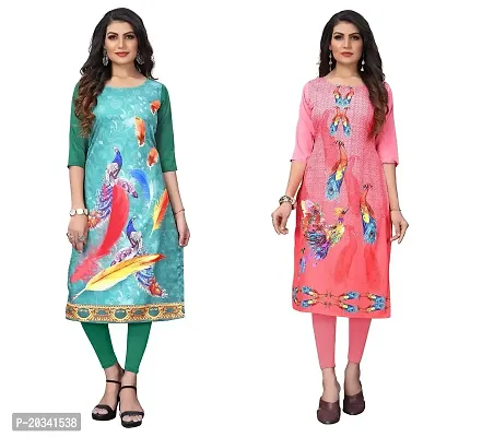 SANSKRUTI FASHION Women's Crepe Digital Print Straight Kurta(Pack of 2) (XXL, SeagreenRosepink)-thumb0