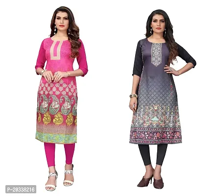 SANSKRUTI FASHION Women's Crepe Digital Print Straight Kurta(Pack 2) (XXL, PinkSILVERBLACK)