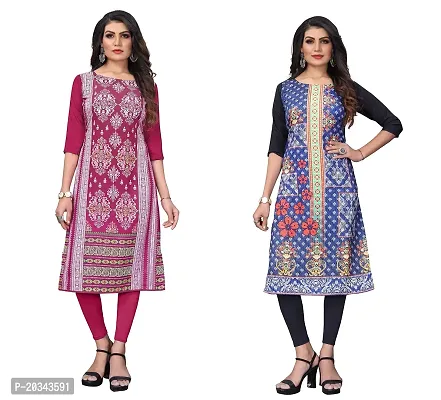 SANSKRUTI FASHION Women's Crepe Digital Print Straight Kurta(Pack of 2) (XL, DEEPPINKSTEEBLUE)-thumb0