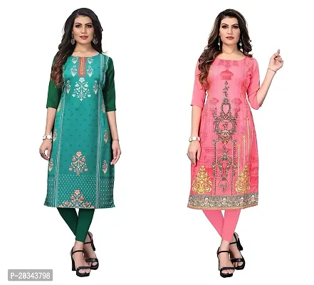 SANSKRUTI FASHION Women's Crepe Digital Print Straight Kurta(Pack of 2) (S, SeagreenCORALPINK)-thumb0