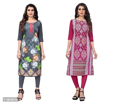 SANSKRUTI FASHION Women's Crepe Digital Print Straight Kurta(Pack of 2) (L, LIGHTGREYDEEPPINK)-thumb0