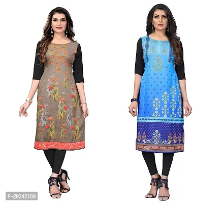 SANSKRUTI FASHION Women's Crepe Digital Print Straight Kurta(Pack of 2) (M, SADDLEBROWNBabyblue)-thumb0