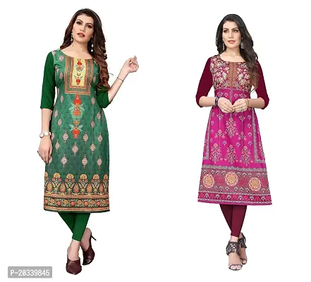 SANSKRUTI FASHION Women's Crepe Digital Print Straight Kurta(Pack of 2) (XL, GreenMediumRed)-thumb0