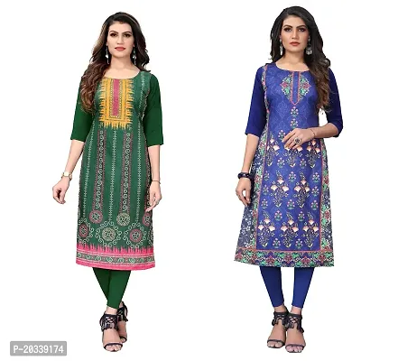 SANSKRUTI FASHION Women's Crepe Digital Print Straight Kurta(Pack of 2) (M, LightGreenDODGEBLUE)-thumb0