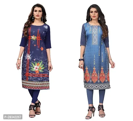 SANSKRUTI FASHION Women's Crepe Digital Print Straight Kurta(Pack of 2) (XL, DARKBLUEBluegrey)-thumb0