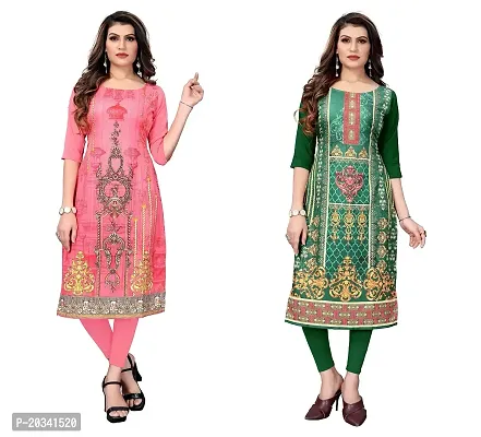 SANSKRUTI FASHION Women's Crepe Digital Print Straight Kurta(Pack of 2) (M, CORALPINKForestGreen)