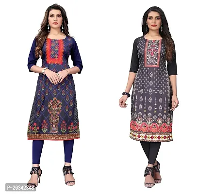 SANSKRUTI FASHION Women's Crepe Digital Print Straight Kurta(Pack of 2) (XL, NAVYBLUEREDBLACK)-thumb0