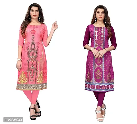 SANSKRUTI FASHION Women's Crepe Digital Print Straight Kurta(Pack of 2) (M, CORALPINKDARKPURPEL)-thumb0