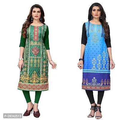 SANSKRUTI FASHION Women's Crepe Digital Print Straight Kurta(Pack of 2) (XXL, ForestGreenBabyblue)-thumb0