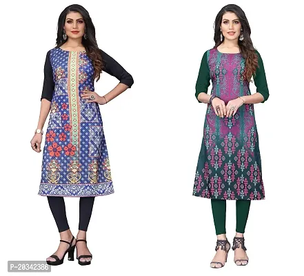 SANSKRUTI FASHION Women's Crepe Digital Print Straight Kurta(Pack of 2) (S, STEEBLUEOliveGreen)-thumb0