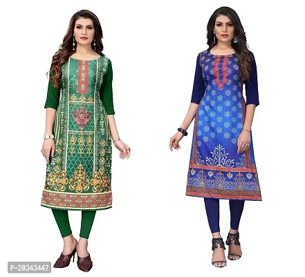 SANSKRUTI FASHION Women's Crepe Digital Print Straight Kurta(Pack of 2) (S, ForestGreenNAVYBLUE)-thumb0