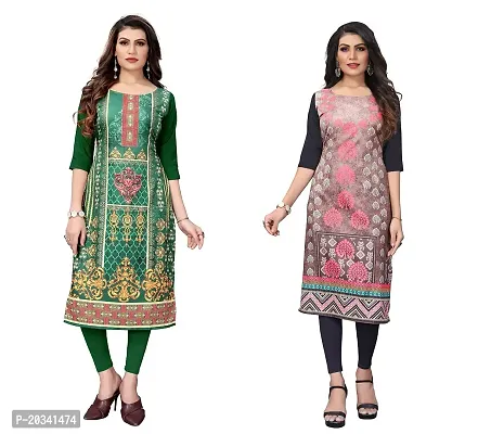 SANSKRUTI FASHION Women's Crepe Digital Print Straight Kurta(Pack of 2) (L, ForestGreenBABYGREEN)