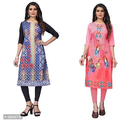 SANSKRUTI FASHION Women's Crepe Digital Print Straight Kurta(Pack of 2) (L, STEEBLUERosepink)