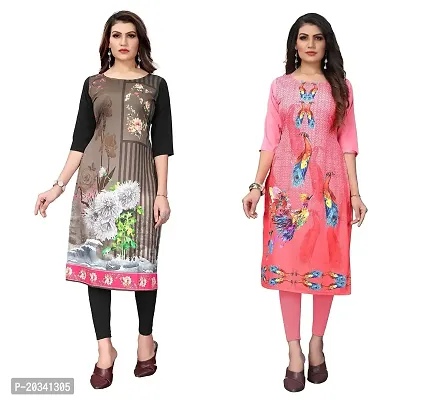 SANSKRUTI FASHION Women's Crepe Digital Print Straight Kurta(Pack of 2) (XL, WHITEBLACKRosepink)-thumb0