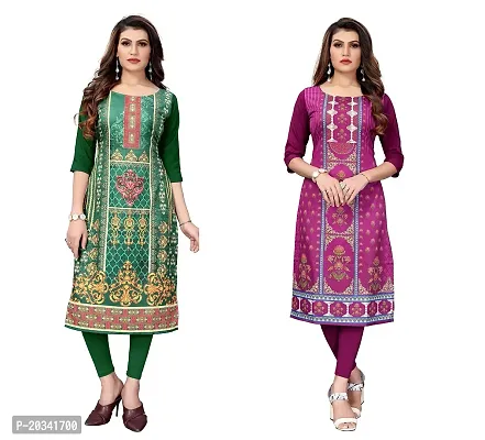 SANSKRUTI FASHION Women's Crepe Digital Print Straight Kurta(Pack of 2) (S, ForestGreenDARKPURPEL)