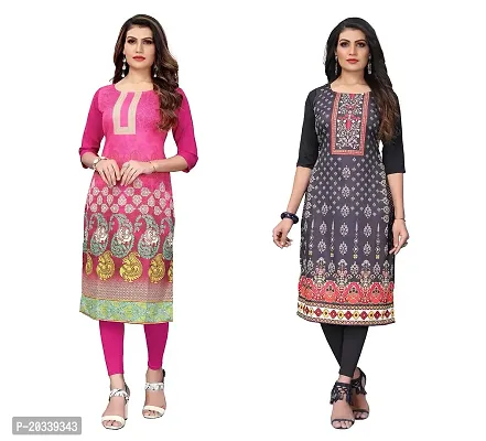 SANSKRUTI FASHION Women's Crepe Digital Print Straight Kurta(Pack 2) (XXL, PinkREDBLACK)-thumb0