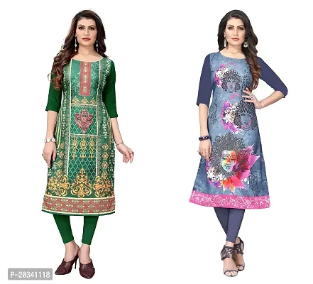 SANSKRUTI FASHION Women's Crepe Digital Print Straight Kurta(Pack of 2) (XXL, ForestGreenSLATEGREY)-thumb0