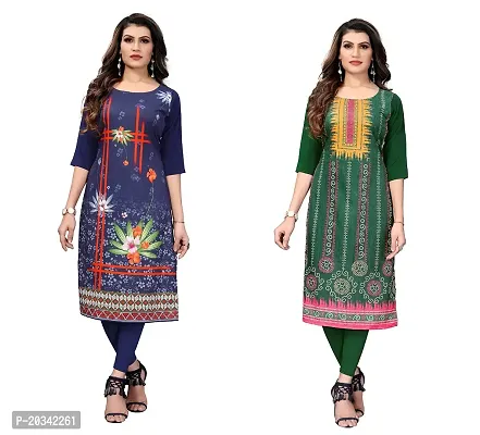 SANSKRUTI FASHION Women's Crepe Digital Print Straight Kurta(Pack of 2) (S, DARKBLUELightGreen)-thumb0