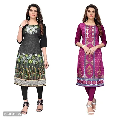 SANSKRUTI FASHION Women's Crepe Digital Print Straight Kurta(Pack of 2) (M, DARKBLACKDARKPURPEL)-thumb0