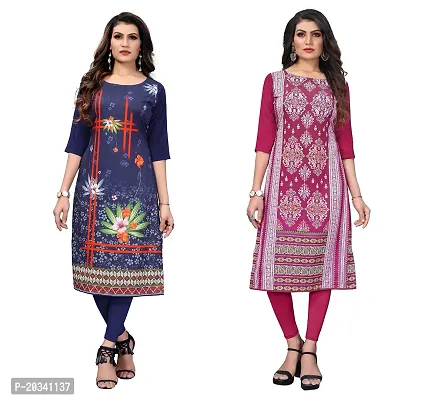 SANSKRUTI FASHION Women's Crepe Digital Print Straight Kurta(Pack of 2) (S, DARKBLUEDEEPPINK)-thumb0