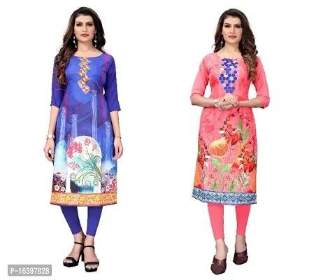 Sanskruti fashion Women's Crepe Digital Print Straight Kurta (Pack Of 2)BluePeach-thumb0