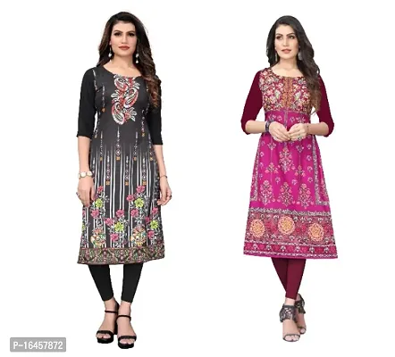 Sanskruti fashion Women's Crepe Digital Print Straight Kurta (Pack Of 2)BlackPurpel-thumb0