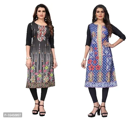 Sanskruti fashion Women's Crepe Digital Print Straight Kurta (Pack Of 2)BlackSteeBlue-thumb0