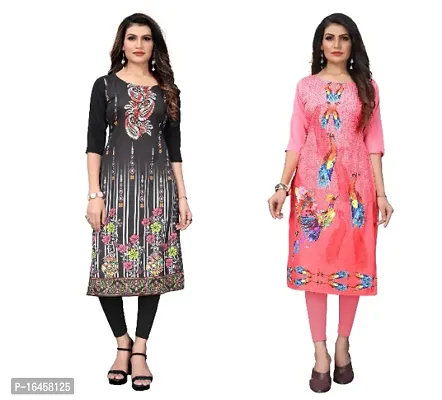 Sanskruti fashion Women's Crepe Digital Print Straight Kurta (Pack Of 2)BlackPink-thumb0