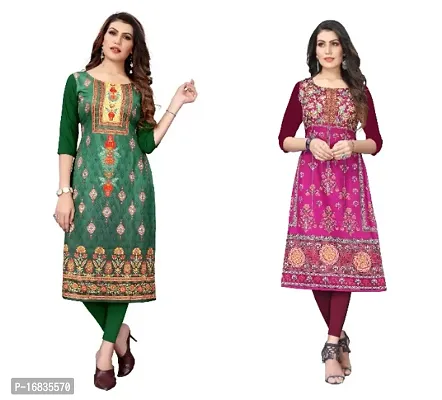 Women's Crepe Digital Print Straight Kurta (Pack Of 2)GreenDeeppink-thumb0