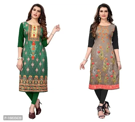 Women's Crepe Digital Print Straight Kurta (Pack Of 2)GreenSaddleBrown