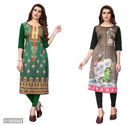 Women's Crepe Digital Print Straight Kurta (Pack Of 2)GreenSaddleBrown