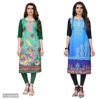 Sanskruti fashion Womens Crepe Digital Print Straight Kurta (Pack Of 2)DarkGreenBabyBlue-thumb0