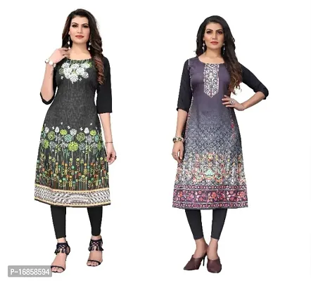 Women's Crepe Digital Print Straight Kurta (Pack Of 2)DarkBlack Black-thumb0