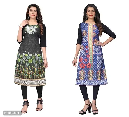 Women's Crepe Digital Print Straight Kurta (Pack Of 2)DarkBlack-SteeBlue-thumb0